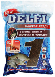 Прикормка DELFI зимняя Ice Ready увлажненная универсал. гаммарус + мотыль, черная + БЛЕСТКИ, 500